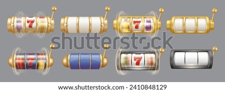 Casino slot machine with jackpot and seven number. Vector isolated retro empty cells and spinning golden roulette with signs. Winning and gambling entertainment, playing game for fortune