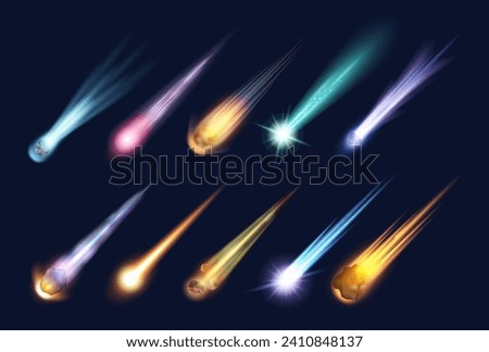 Flying fireball or meteor with fire neon light trail. Vector isolated realistic comet with tail of flame, astronomic cosmic celestial body moving fast. Falling asteroid effect at sky, burning rock