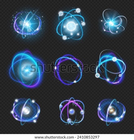 Atom light, isolated fusion orbit spin on transparent background. Vector atomic neutron science and psychics. Molecule and proton core symbol, ion element with glowing and shining effect