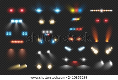 Realistic glow round car headlight beams. Vector isolated flare effects of truck or automobile, ambulance and police in dark on road. Spotlight from headlamp from transport in night time