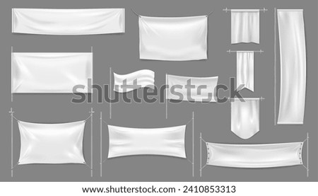 Advertising sign or textile banner for copy space on poles, hanging on ropes. Vector horizontal and vertical empty cloth material for ad message. Waving cotton blank placard for promotion