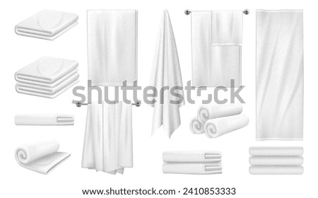 White kitchen towel, soft fabric napkin, blank tablecloth or handkerchief. Vector isolated realistic fold and rolled clean textile for bathroom and hygiene. Home and hotel service essential