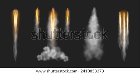 Smoky trail and fire burst effect from launching rocket. Vector isolated taking off spacecraft or spaceship, vapor or missile light. Meteor or comet trace in sky. Gas or fume from jet or shuttle