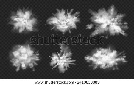 White powder explosion with dirt and cloud of smoke. Vector isolated splash or splatter of flour or sand with particles. Flying dusty burst on transparent background, realistic haze effect