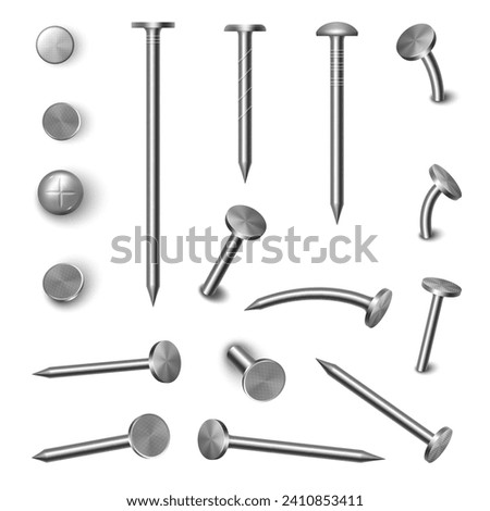 Hammered steel and iron curved nail pins and heads. Vector isolated straight and bent element for construction and building. Realistic metallic hardware and industrial equipment, top view