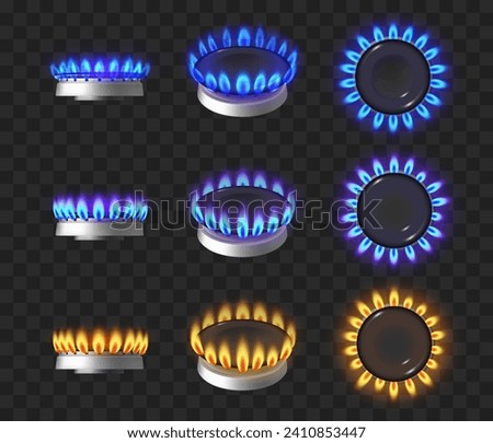 Gas burner with flames, cooktop hob. Glowing fire ring on kitchen stove burning propane butane in oven for cooking. Vector isolated appliance with fire for preparing food, transparent background