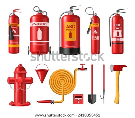 Firefighter realistic equipment for urgency and work, putting out fire. Vector isolated extinguisher tank with foam spray, water hydrant and bucket, shovel and hook, ax for rescuing people