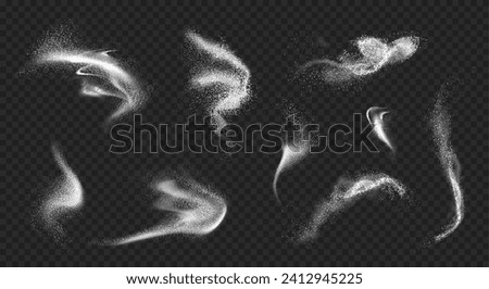 Falling white powder, sugar or salt, cooking flour grains, realistic illustration collection. Isolated splashes and splatter of talc, graininess of product texture of minerals or spray