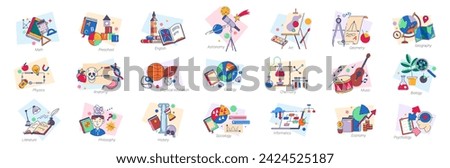 Disciplines and subjects at school, lessons and classes of math and English, physics and anatomy. Vector icon for education, philosophy and literature, history and geology, chemistry and music