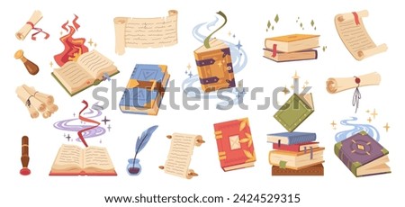 Spell magic books, isolated scrolls and manuscripts for sorcerers and witches. Vector flat cartoon style, old fantasy volumes with seals and decor, bookmarks and sparkles. Wizard or witch grimoires