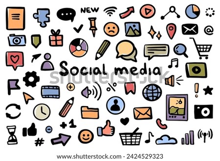 Communication and interface in social media. Vector flat cartoon, isolated doodles or icons. Chatting and emoji, shopping cart and profile of user, sound and cart, cloud and arrow pointer