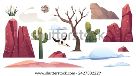 Wild west desert landscape elements for composition. Vector isolated mountain hills, cactus and dry tree. Bush and sand dunes, fluffy cloud and tumbleweed, skull of dead animal with horns