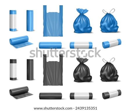 Empty and filled trash bags, isolated realistic sacks in roll with label. Vector rubbish biodegradable packets for disposing litter. Ecologically friendly recycling alternative, mockup of polyethylene