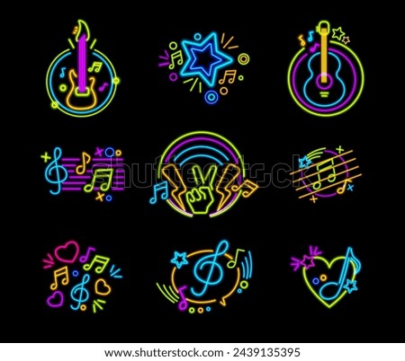 Neon music signs for clubs, disco and bars. Vector isolated set of icons with guitar, glowing lights with stars and notes. Show and entertainment at night, nightlife and party announcement