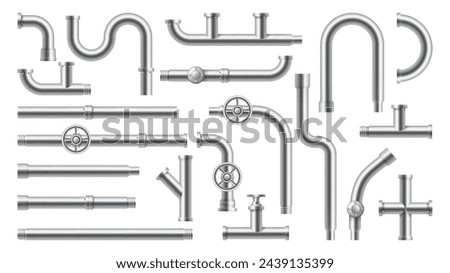 Stainless steel and metallic pipes, plumbing fittings. Vector water, fuel or gas supply system, oil refinery industry pipeline, house sewer bolted sections. Isolated 3d realistic connections