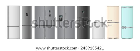 Modern and retro refrigerators and freezers for kitchen. Vector isolated realistic kitchen appliances for storing and keeping food fresh. Fridge with double doors, sensors and ice generators