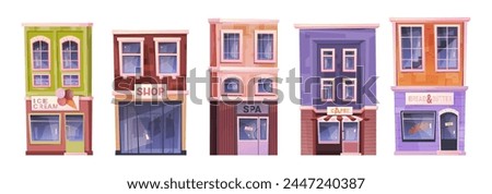 Shops and stores, isolated exterior of local business and services. Vector facade of ice cream, cafe and spa, bread and butter bakery house. Infrastructure of small town, buildings with sings