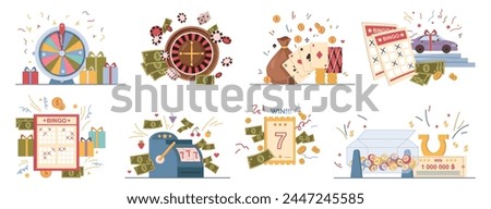 Gambling and entertainment in casino establishments. Vector set of games for winning money. Fortune wheel and roulette, poker and bingo, lottery and spinning slots for jackpot victory prize