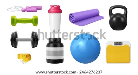 Sports and gym equipment for exercises and workouts. Vector isolated shaker for protein drink, jumping rope and yoga mat, kettlebell and barbell, ball for fitness and weights with measuring tape