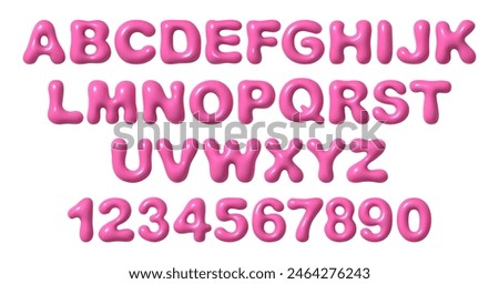 Letters and numbers in glossy pink bubble font, y2k style playful design. Vector realistic inflated balloons English alphabet and numerals. Modern letterings, holiday or party decoration