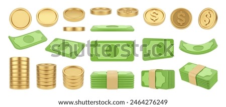 Pile or stack of coins and banknotes. Vector isolated set of money in different side view, front and top. Financial growth and capital, investment and deposit, business and economy business