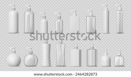 Glass or plastic bottles with pumps, isolated dispenser for cosmetics, shampoo or lotion gel. Vector set of realistic containers for cream or antiseptic, beauty products mockup template