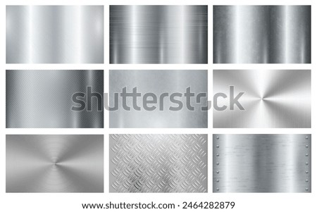 Metal surface finishing texture realistic, isolated set of plaques or samples with polished and shiny surface. Vector smooth sheet of aluminum, chrome or iron, platinum silver signboard