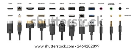 Cables and computer ports types, electronic device input cable cords. Vector realistic type c and mini USB, ethernet and HDMI for monitor, DisplayPort and mini-jack microphone, dc in technology