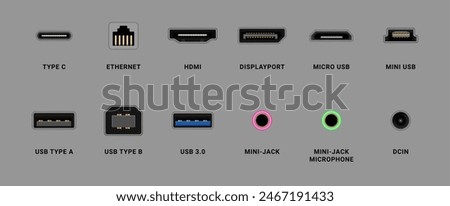 Ports in computer, realistic set of cables connectors and adapters. Vector isolated type c and mini USB, mini jack and displayport, HDMI for monitor display, microphone and dcin, ethernet