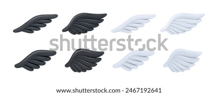 Angel or fairy personage of game design, isolated fantasy or gothic wings with feathers. Vector set of realistic 3d assets for gaming. Spiritual and peace symbol, angelic black and white wing