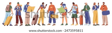 Traveling people, isolated set of passengers or travelers with maps, baggage and smartphones. Vector group of people lost in town, student with backpack, hiking and taking trip to mountains