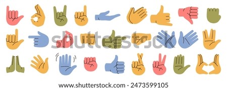 Gestures and hands showing non verbal elements of communication. Vector isolated prey symbol, thumb up and rock and roll, okay and peace, heart and first up. Waving and stop, pointing finger