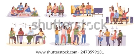 People meeting having fun together. Vector isolated friends spending time in club or karaoke, pub or bar, home or cinema. Watching movies or spending home in evening with board games activities