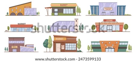 Shops and supermarkets with modern architectural style. Vector isolated set of city and town infrastructure. Buildings with bricks and wood, panoramic windows. Markets and shopping center, malls