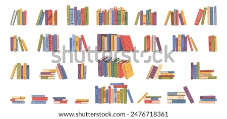 Stacks and rows of books for reading, pile of textbooks for education. Vector set of literature and dictionaries, encyclopedias and various documents teaching materials publications