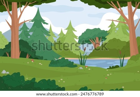 Mountain lake landscape with reeds, biodiversity of flora in temperate woods. Vector panorama of woodland. Forest with various trees and bushes. Meadow with flowers, stones and mushrooms