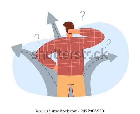 Solutions, man choose from multiple directions, puzzled guy dont know the right way. Man choosing from multiple options, opportunities concept. Character making choices, decisions vector illustration