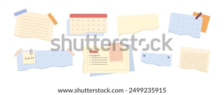 Notes and stickers, sticky sheets and tape. Vector set of to do list, memo messages, notepads and paper pages. Notepaper meeting reminder, office notice or information board with appointment