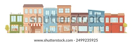 Cityscape with small business shops, isolated city landscape with houses and trees. Vector buildings and residential blocks or units exterior and facade. Architecture of downtown or suburbs skyline