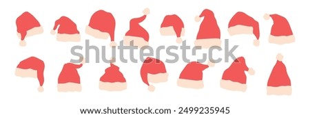 Santa Claus hat collection, isolated part of costume of Saint Nicholas. Vector Christmas holidays and new year cap, xmas celebration and characters. Winter decoration elements