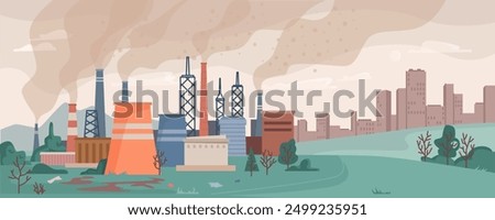 Power generation plant with smokestack, electricity generation industrial construction heavy industry. Vector factory or manufacturing building with chimneys emitting smoke, city skyline on background