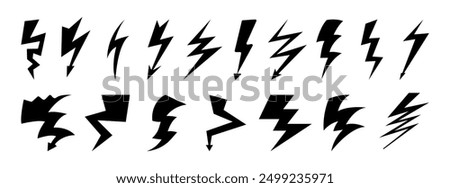 Thunder bolt icons set, burst of light. Vector thunderstroke signs, isolated powerful electrical discharge during thunderstorm. Electric flash sign collection. Various strike lightning symbols