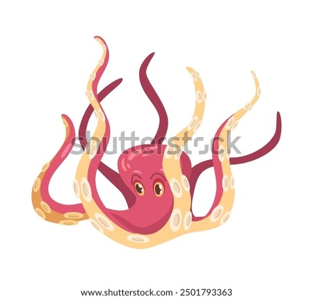 Kraken octopus with tentacles, sucker limbs, flat cartoon animal. Vector marine creature, sea and ocean underwater squid illustration. Aquatic cuttlefish, cephalopod octopus seafood