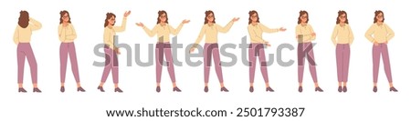 Female character work interactions and gestures. Vector isolated woman presenting or showing, employee girl in glasses communicating and showing professionalism. Thinking or pondering boss