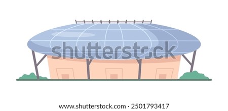 Stadium, sport building area or swimming pool exterior. Modern construction with entrance for soccer or football championship, vector flat cartoon. Public stadium front view, city playground