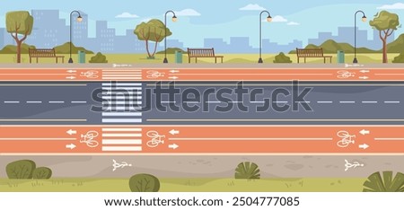 Bike walking path, cyclist traffic or road rules flat cartoon vector illustration. Cyclists use route, cycling bike rider. Biking man and active rest, pedestrian way and people