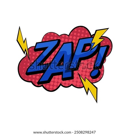 Zap word for comic book background, expression or sound effect in pop art style. Vector isolated sudden release of electricity or some similar energy. Phrase with thunderbolts and polka dot