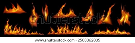 Flaming hot fire, burning or heating firing lines in realistic design. Bonfire or campfire backgrounds, orange fiery objects, glowing flare flaming explosions on black background