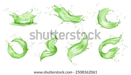 Green splashes of juice realistic juicy splatter spiral waves. Kiwi or apple fruit berries splashing juice or jam, isolated icons. Splash juice realistic juicy, smoothie swirls. Splatter spiral waves