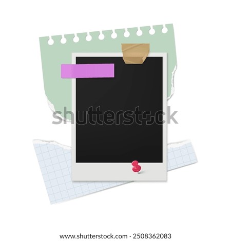 Photo frame collage with tape vector mockup. Empty realistic postcard snap, album foto bank polaroid memory image with stickers. Film snapshot picture and cut pieces of paper design